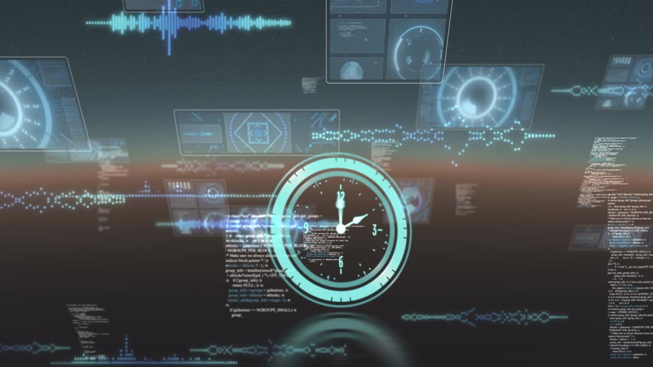 Neon digital clock ticking against multiple round scanners and data processing on blue background