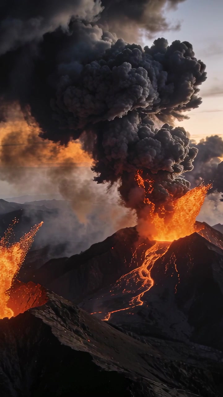 Vertical video: Erupting volcano spouting lava after magma rise at twilight, left vent spitting ash
