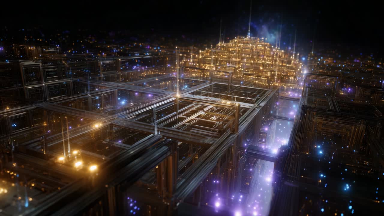 A breathtaking juxtaposition of intricate geometric patterns and shimmering lights, showcasing a mesmerizing landscape of illuminated structures within a futuristic digital realm, emanating a sense of wonder and exploration