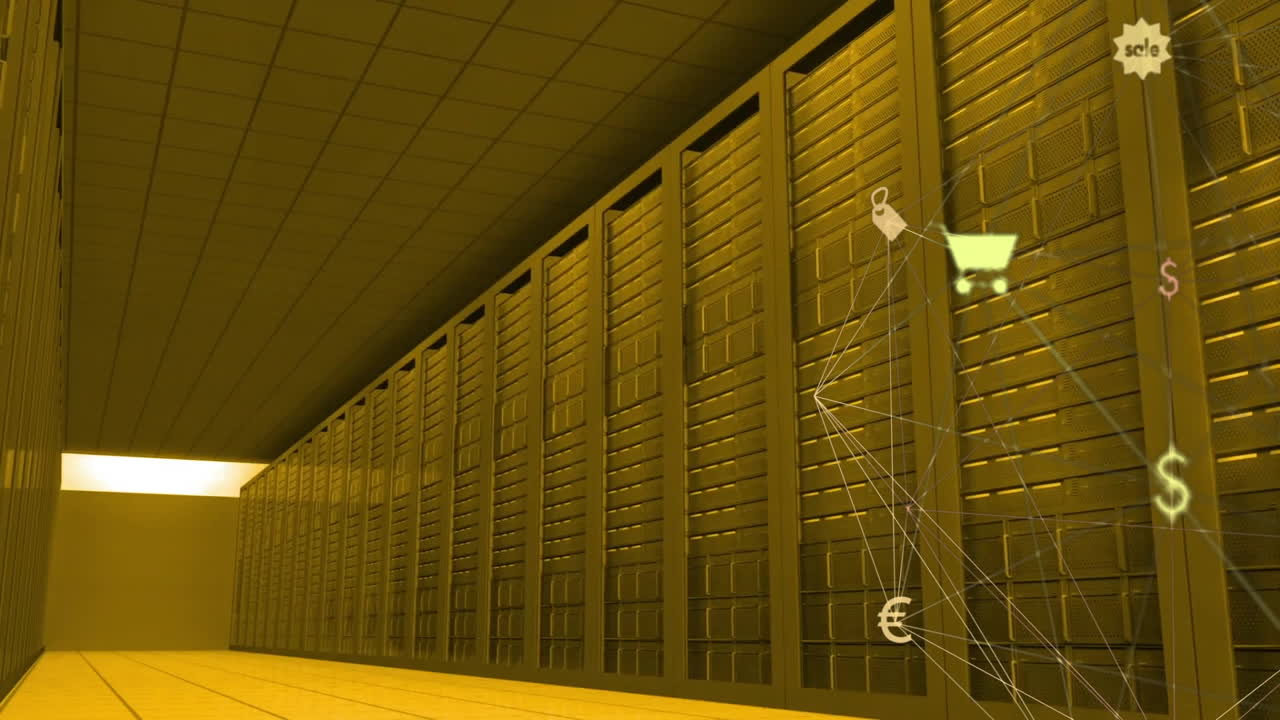 анимация сети соединений с иконками через компьютерные серверы