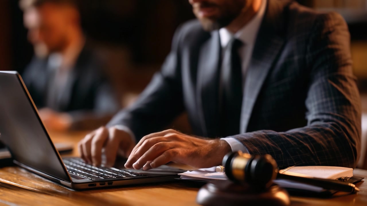 A Professional Lawyer Concentrates on Legal Documentation While Typing on a Laptop in a Modern Office Environment, Signifying the Importance of Technology in Law Practice.