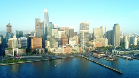 aerial view of san francisco city skyline and embarcadero at sunrise