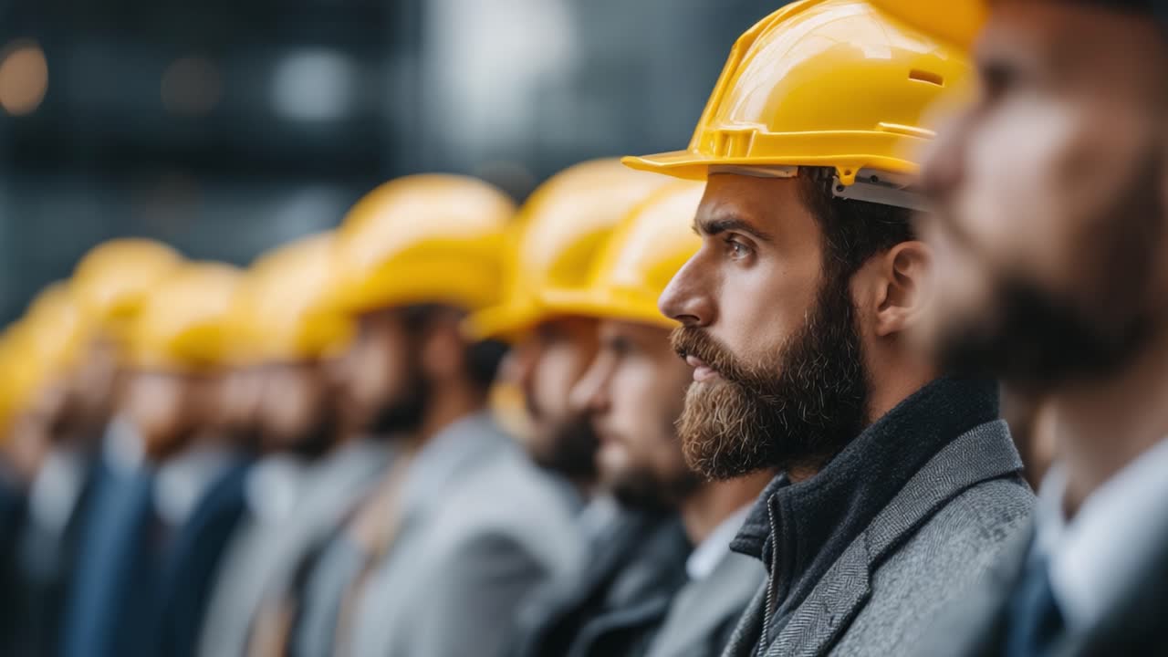 A Line of Focused Professionals in Hard Hats, Displaying Solidarity and Commitment to Safety in a Construction Environment