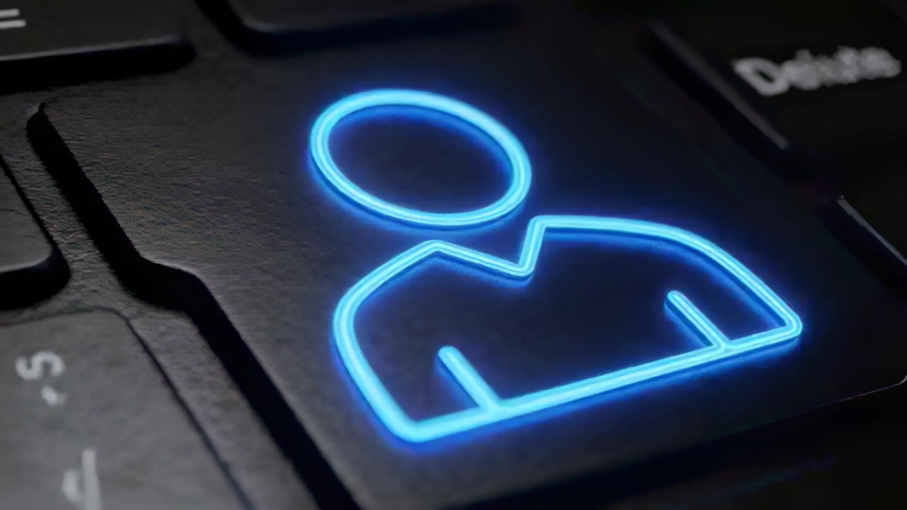 Shifting camera focusing on backlit keyboard key at desk, revealing glowing profile icon