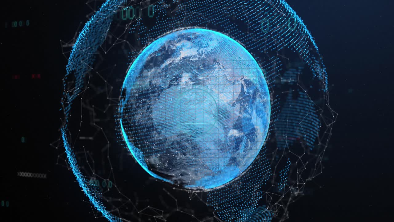 animación de codificación binaria sobre red de conexiones y globo sobre fondo azul.