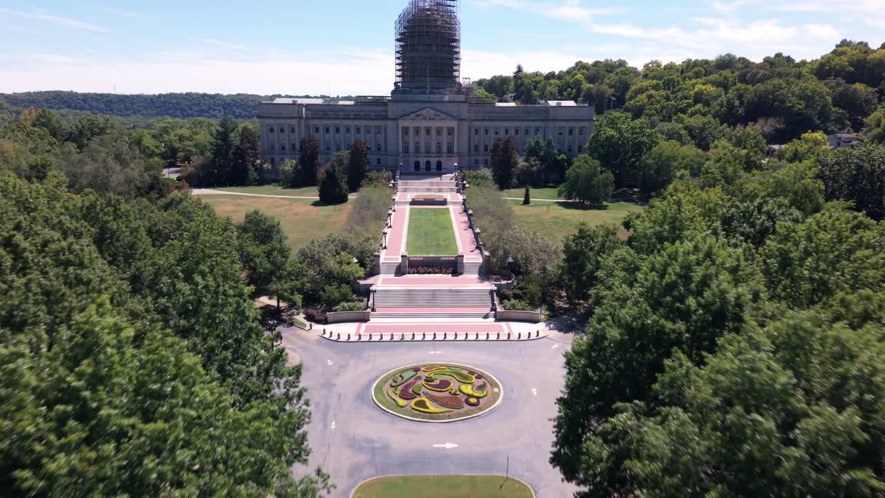 Kentucky State Capitol building in Frankfort undergoing a major, multi-year, multi-million dollar renovation - high-speed push in aerial view in daytime