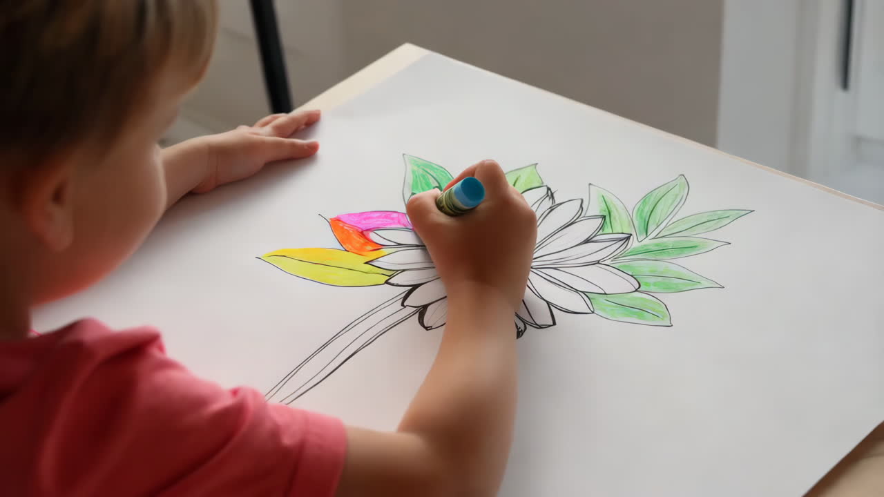 Child Coloring a Flower and Leaf Drawing