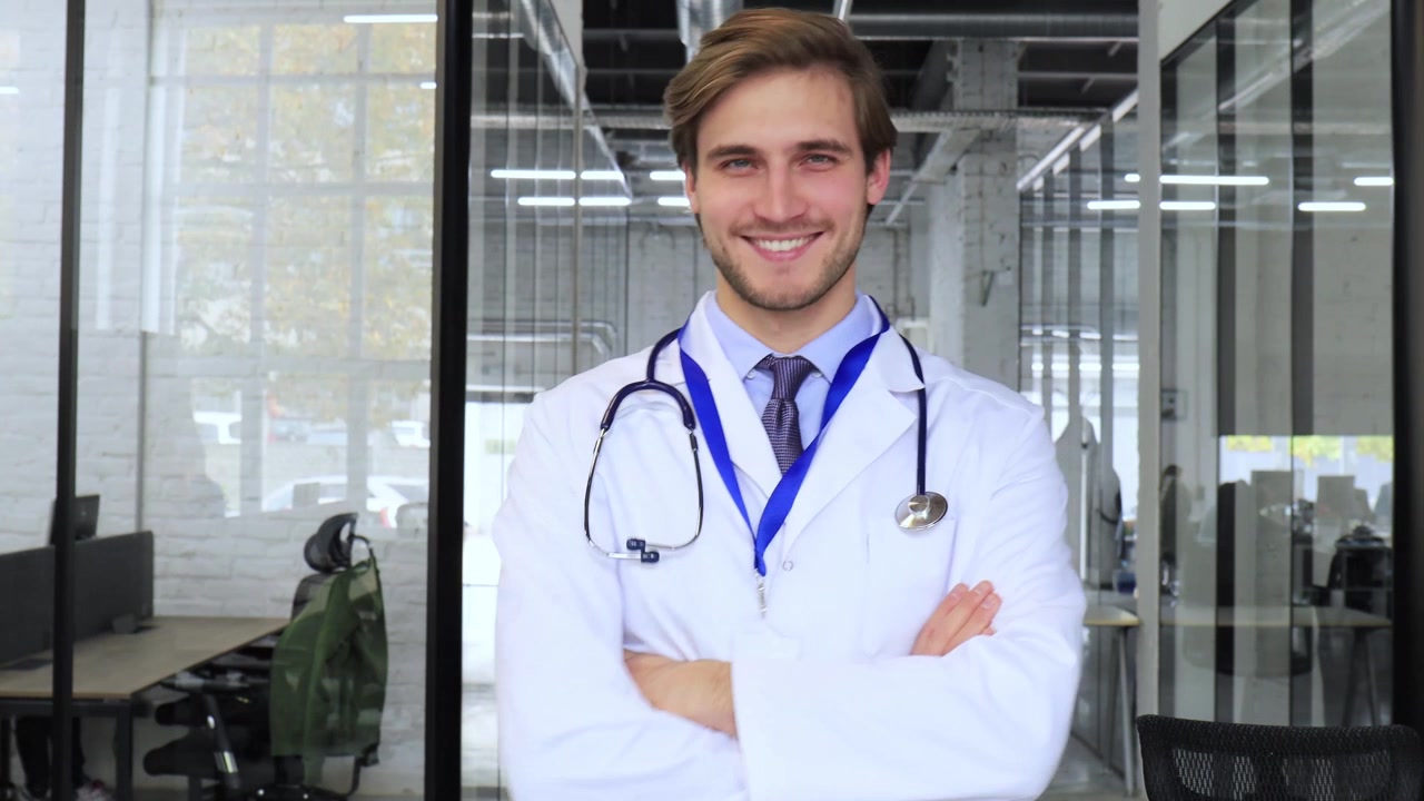 Un joven médico confiado sonriendo en una oficina médica moderna