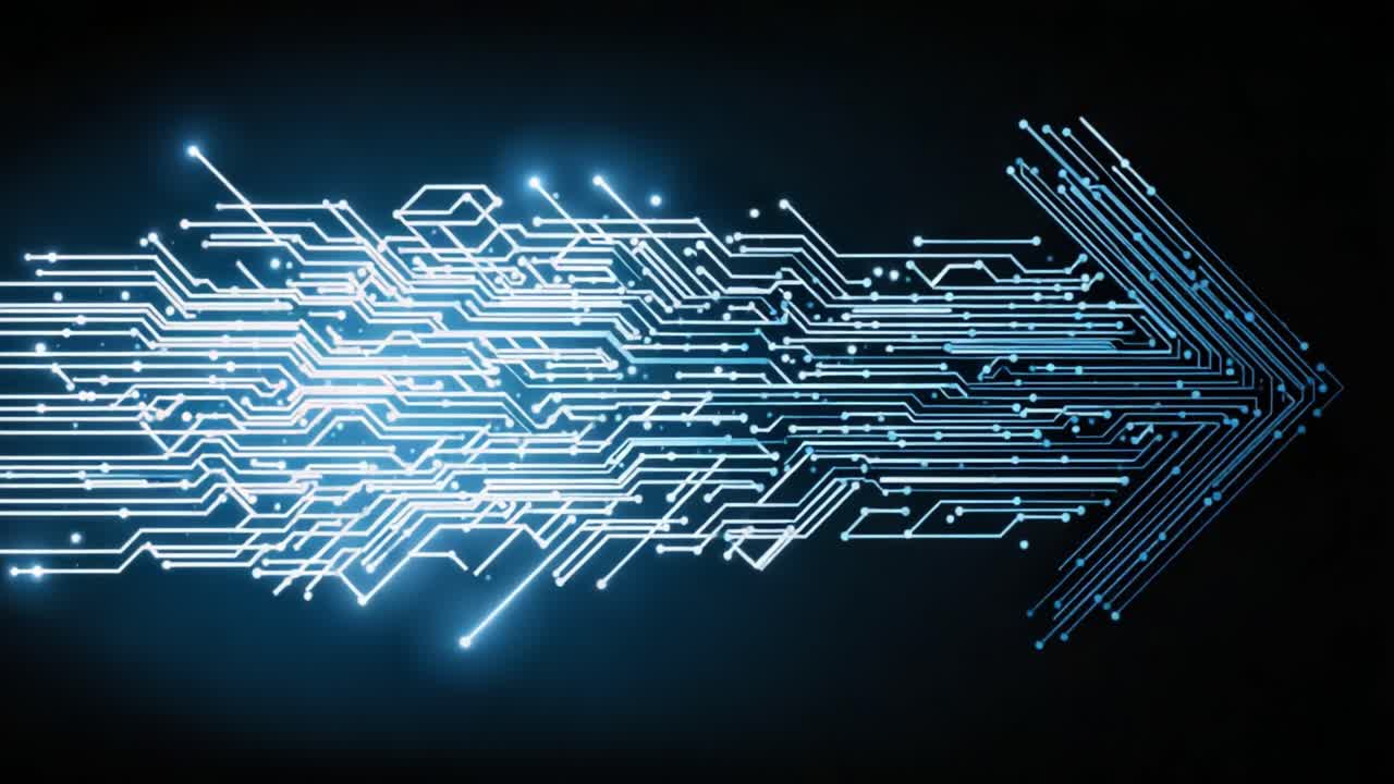 A Dynamic Introduction to the Future of Technology: A Series of Frames Showcasing the Evolution of an Illuminated Arrow with Digital Circuit Patterns
