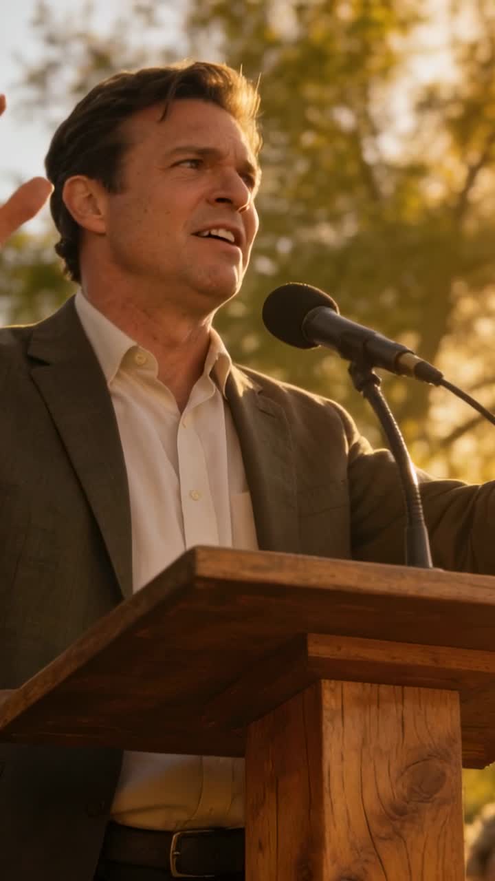 Vertical video: Raising hands, dark-suited man addressing crowd at park via mic, gripping podium
