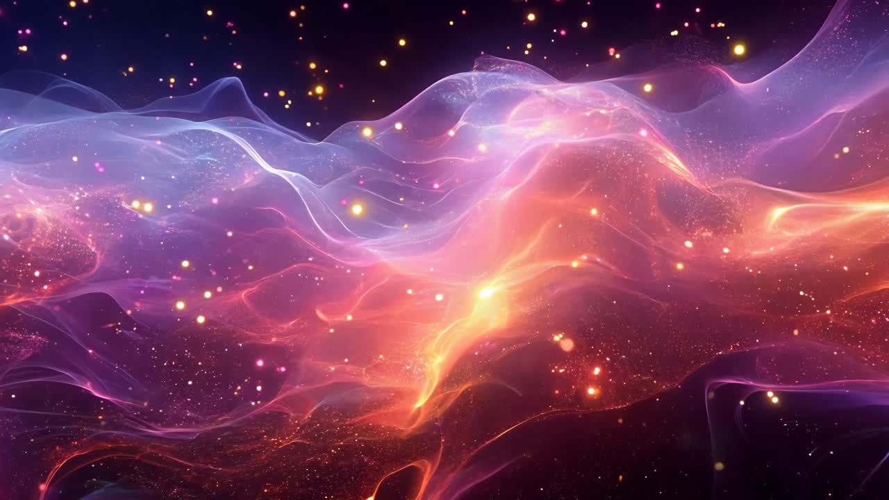 A colorful, swirling galaxy of purple, orange, and blue. The colors are vibrant and the image is full of energy