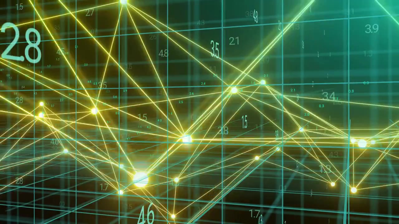 Camera shifting, gold nodes pulsing on teal grid, links reforming, labels showing data flow