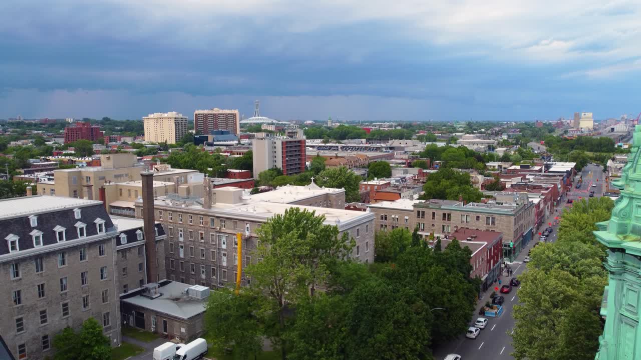 Aerial View of Montreal Cityscape with Church Towers
