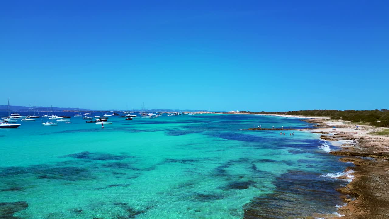 Barche ormeggiate nelle splendide acque turchesi e cristalline di Formentera, una spiaggia di sabbia bianca con Posidonia oceanica. Panorama aereo unico, vista dall'alto con drone