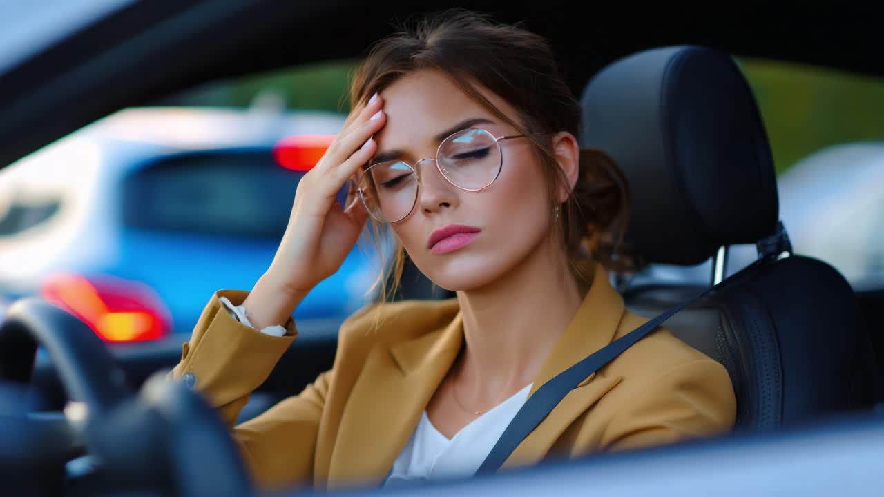 A Frustrated Driver Pondering a Traffic Jam in Her Stylish Car While Wearing Glasses, Expressing Discontent and Contemplation Over Delays and Urban Commute Challenges in a Busy Environment