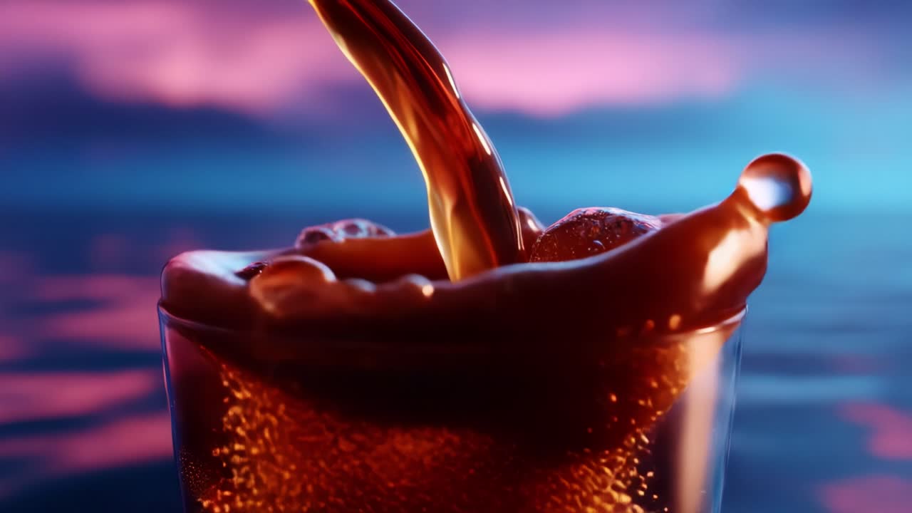 A Refreshing Combination of Carbonated Beverage and Ice, Captured in Beautiful Lighting, Showcasing the Effervescent Bubbles and the Rich Color of the Drink During Pouring. Perfect for Beverage Enthusiasts!