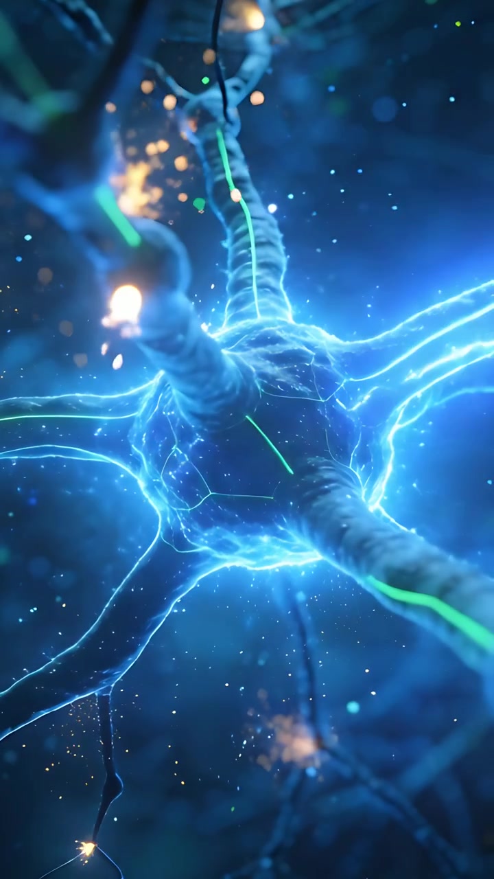 Vertical video: Pulsing neuron-like soma glow rising, sending green signal along neurite branches