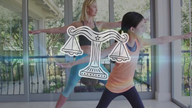 Animation of horoscope zodiac libra star sign over caucasian mum and daughter practicing yoga