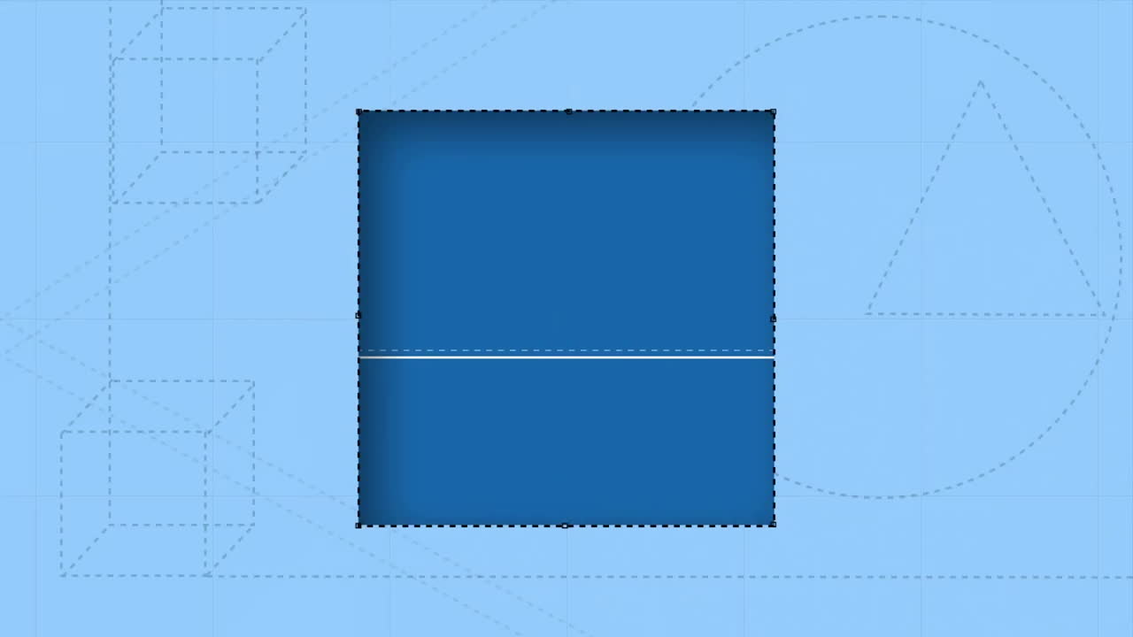파동, 3d 큐브, 삼각형 및 슬라이서의 애니메이션으로 파란색 배경 위에 사각형 모양을 절단합니다.