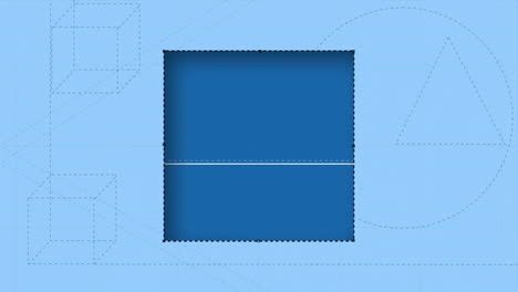 animación de ondas, cubos 3d, triángulo y cortador cortando forma cuadrada sobre fondo azul