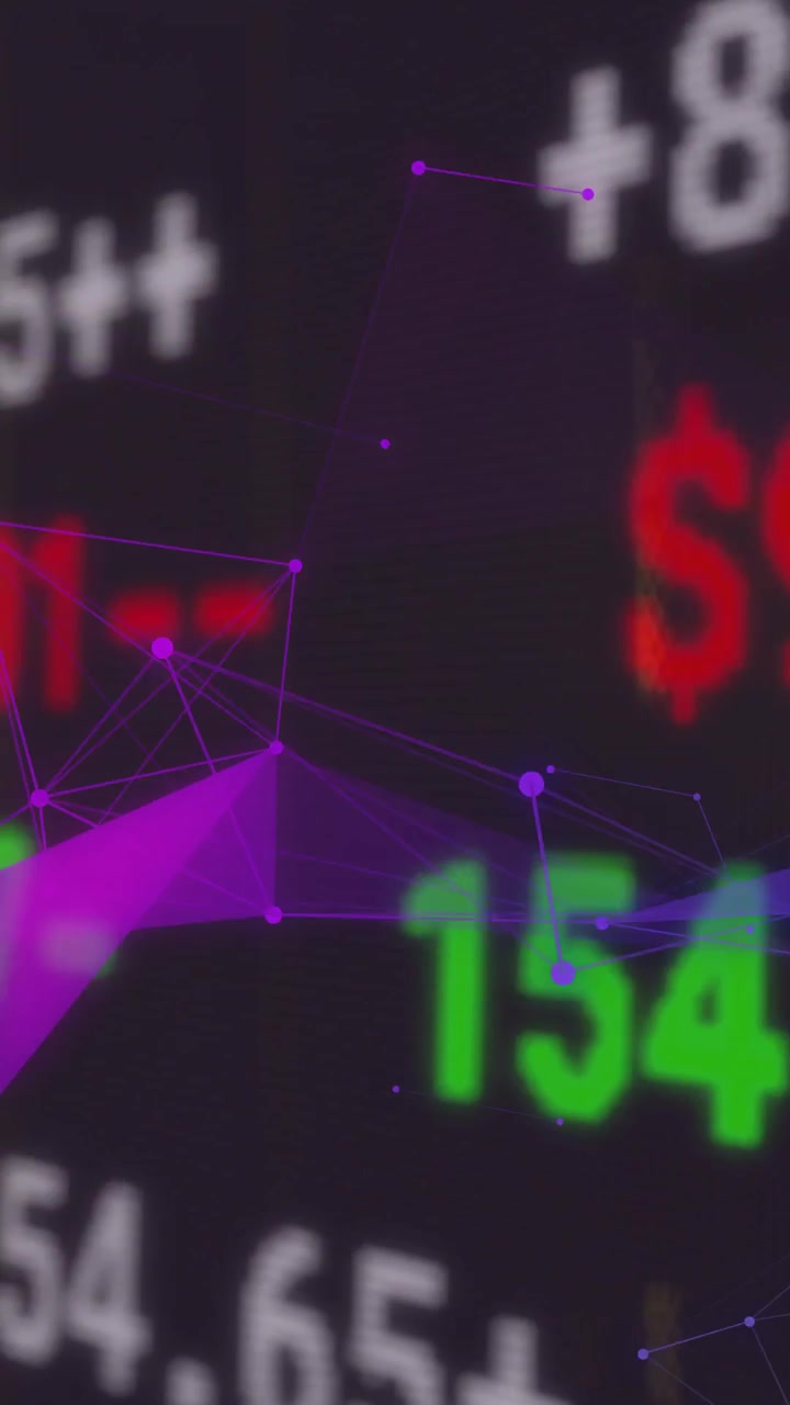 Video verticale: Cifre sfocate che compaiono, ticker che scorrono, rete viola che si sposta, mostrando i mercati.