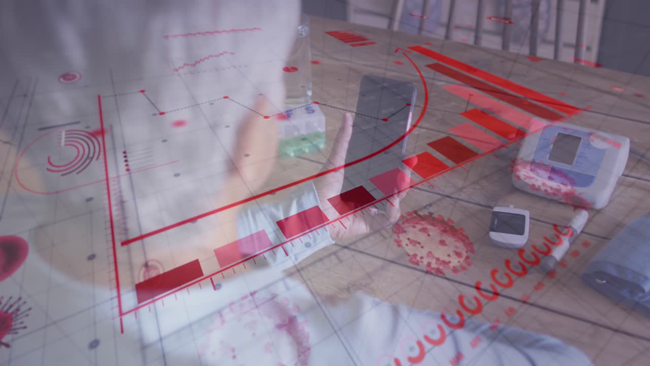Animation of data processing over senior caucasian woman using smartphone