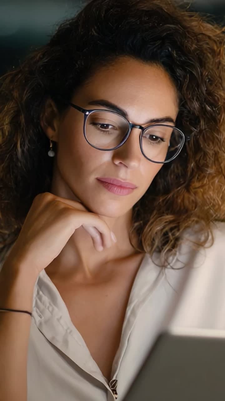 Una donna riflessiva con capelli ricci e occhiali che interagisce con un dispositivo digitale, catturata in due diversi fotogrammi, che mostrano la sua attenzione e curiosità