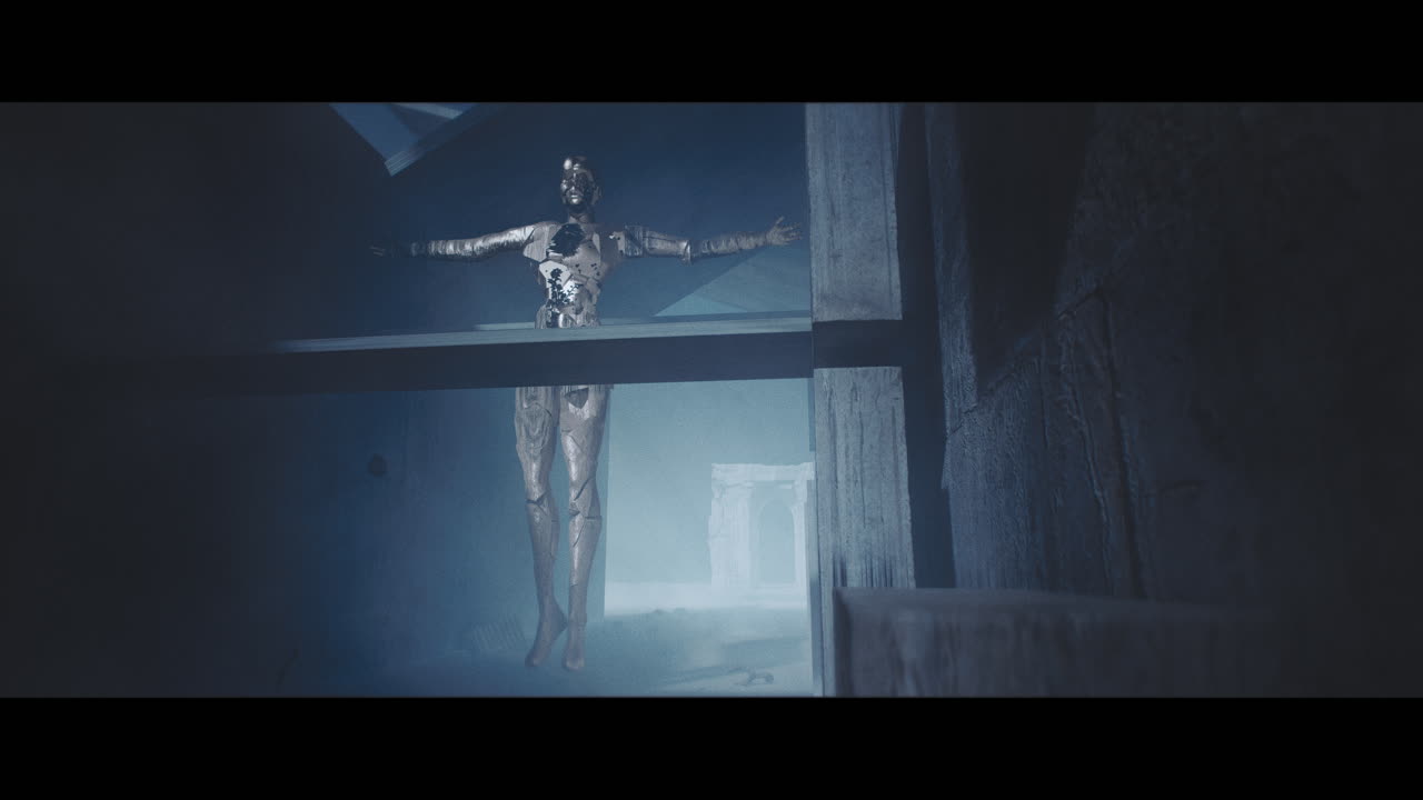 Suspended Figure in a Futuristic Ruin