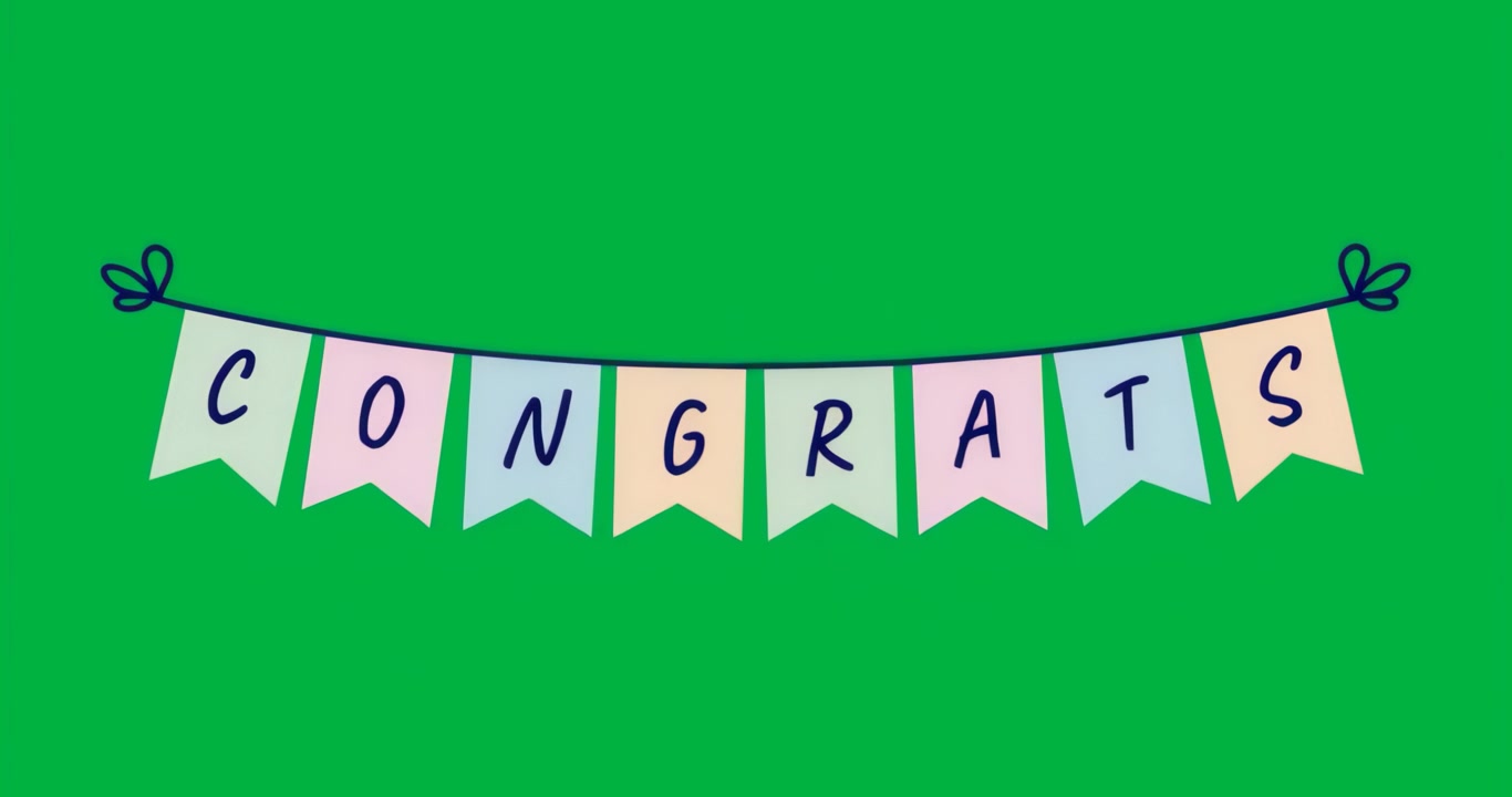All'avvio dell'animazione, un banner di congratulazioni luminoso, con uno sfondo chiaro che cambia tonalità, celebra il successo.