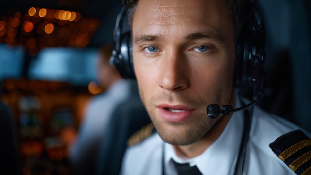 Focused Pilot in Cockpit Engaging with Aviation Technology and Communication Equipment While Navigating Flight Operations with Professionalism and Confidence