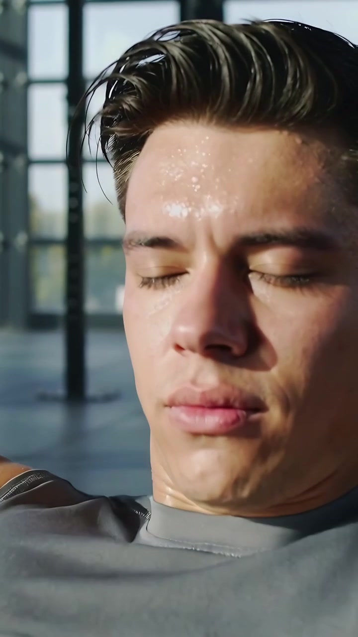 Vertical video: Breathing after rep, man wearing sleeveless top wiping sweat with right hand in gym