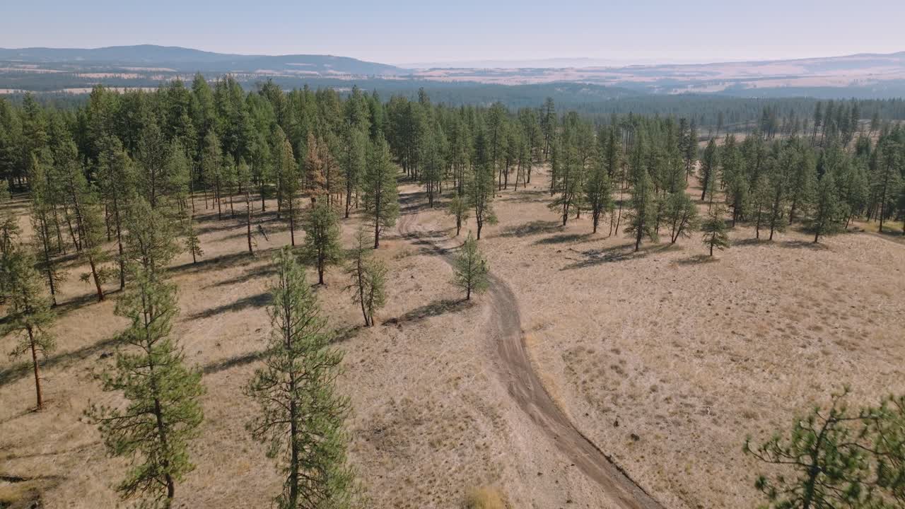 vista aérea siguiendo la motocicleta por la carretera de servicio forestal remota
