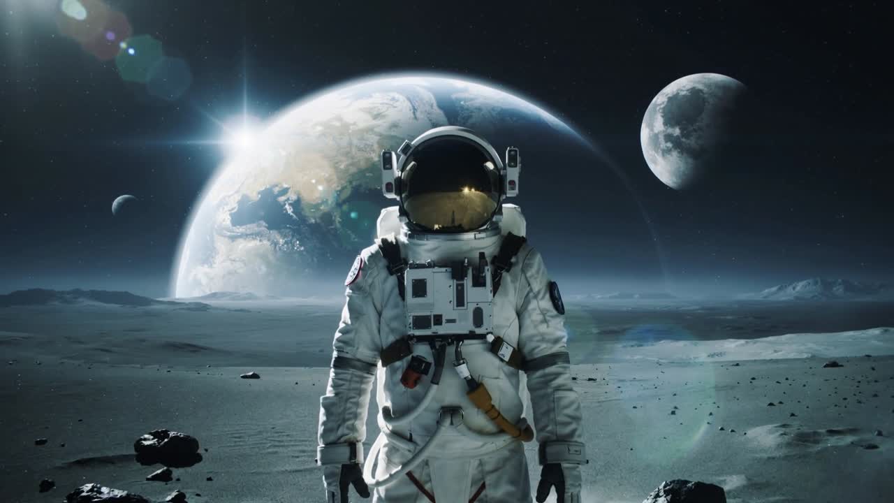 Zoomende kamera reagerer på lysglimt mod en klædt astronaut på en kraterfyldt slette, viser brystkontroller.