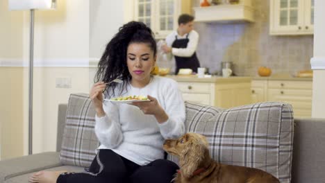una chica linda come ensalada mientras su novio cocina la cena.