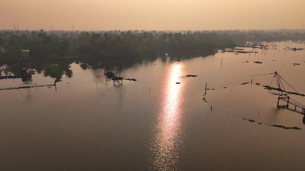Kerala travel and tourism background, Beautiful sunrise scene of Kerala, Lake in Kumbalangi, Chellanam, Ernakulam, God's own country, Kerala tourist places