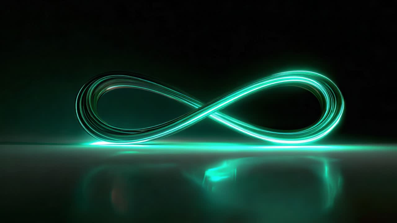 Abstract glowing green infinity symbol created with light painting technique, moving on a reflective surface against a dark background, representing limitless possibilities and eternity