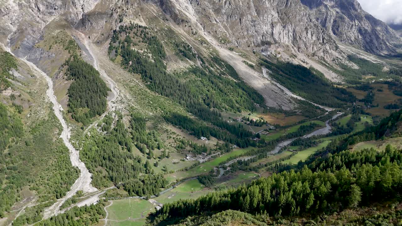 4K High resolution aerial video of the famous and beautiful Val Ferret Valley- Italy an integral part of the famous and beautiful TMB- Tour du Mont Blanc Trail