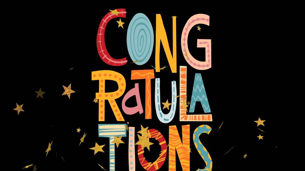 Animation of colourful congratulations text and stars on black background