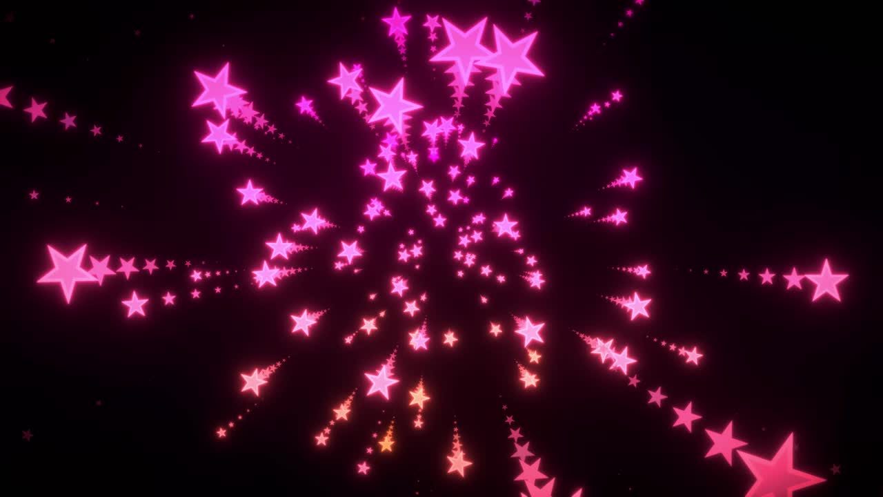 Vibrant pink and orange stars fly toward the camera against a dark black background