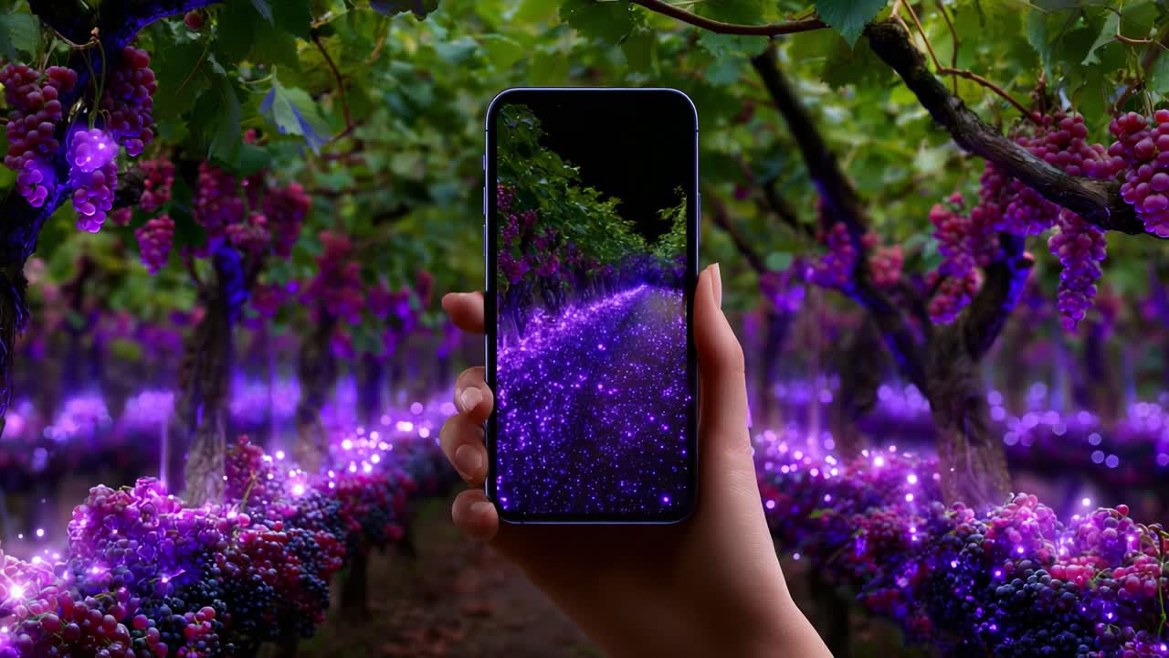 Una vista mozzafiato di un vigneto catturata tramite smartphone, che fonde la bellezza naturale dell'uva con una straordinaria esposizione di effetti di luce, creando una scena affascinante di tecnologia e natura combinate