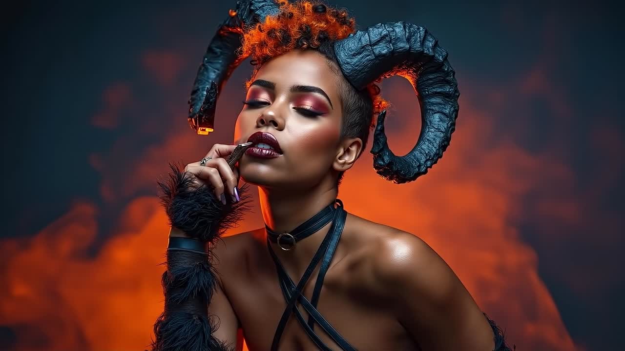 A woman with horns on her head smoking a cigarette