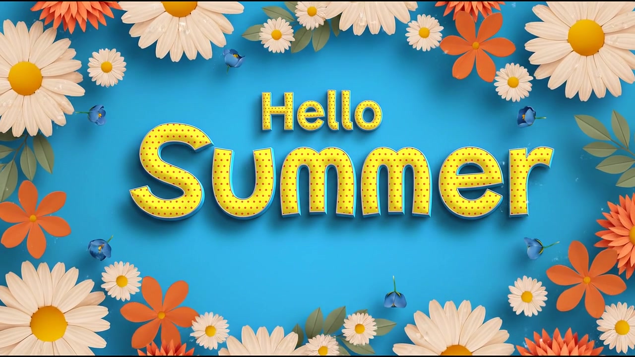 Hello Summer Floral Typography Animation with Yellow 3D Text and Daisy Flowers on Blue Background