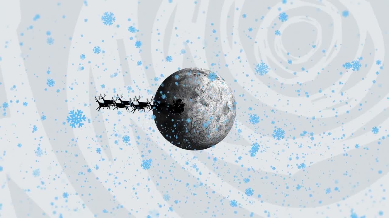 animación de copos de nieve cayendo sobre santa claus en trineo siendo tirado por renos contra la luna