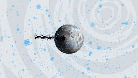 animation of snowflakes falling over santa claus in sleigh being pulled by reindeers against moon