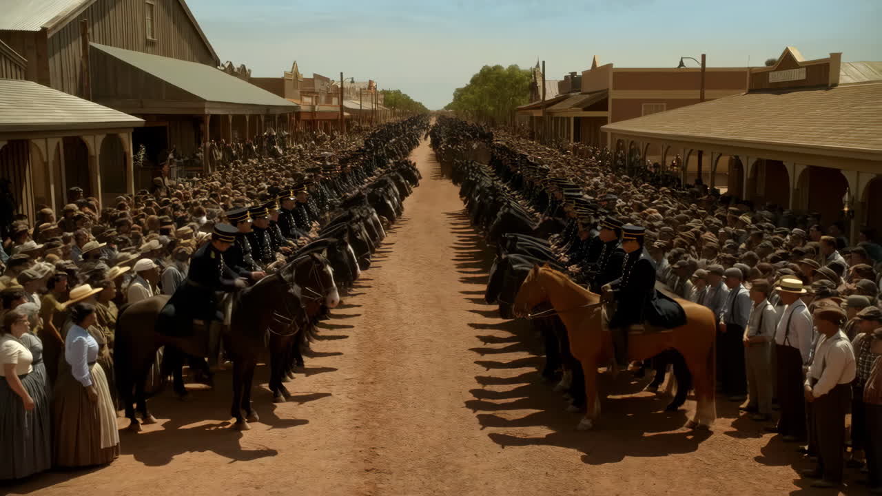 Town street with a large crowd of people and police officers on horses