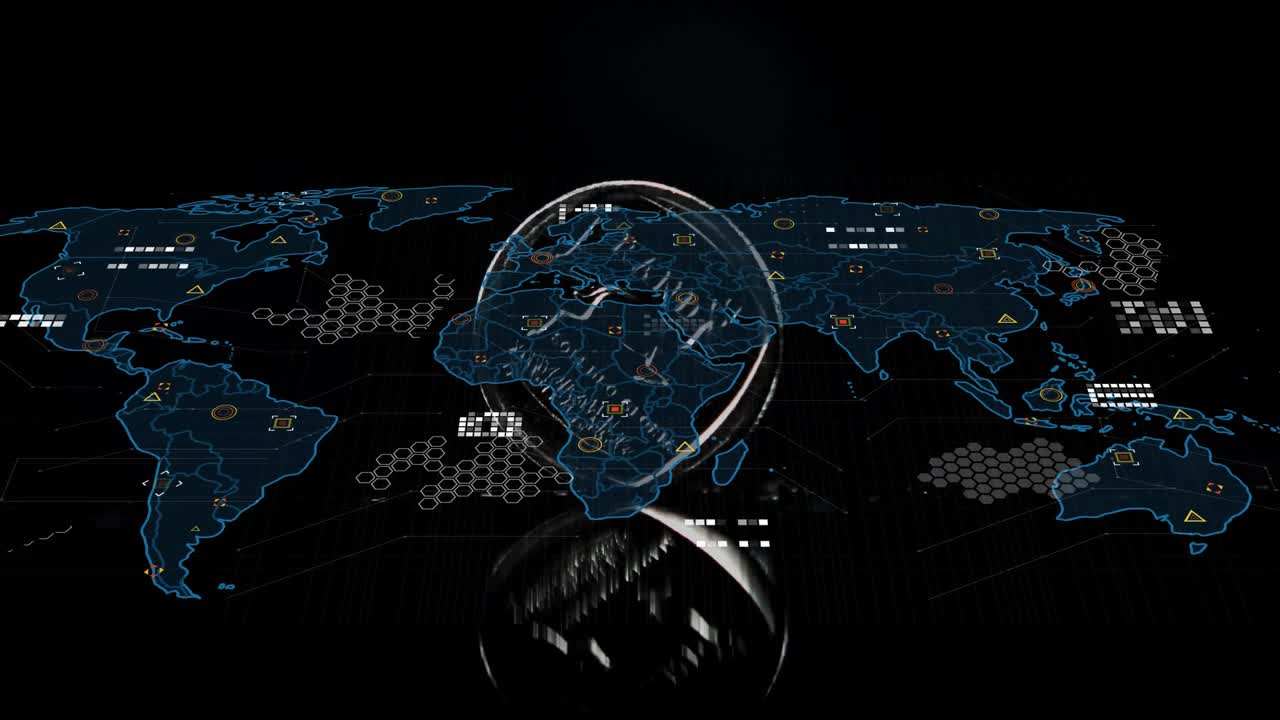 Opening on dark floor, silver disc spinning into view, projecting 3D world map showing data network