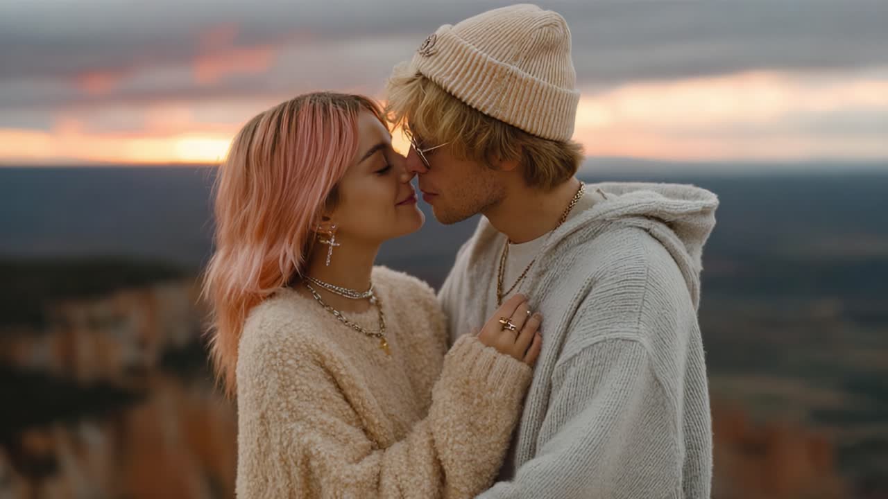 An Intimate Moment Captured at Sunset: A Couple Embrices in a Romantic Landscape, Exchanging Tender Gazes Amidst a Symphony of Colors and Emotions