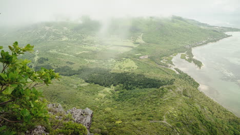 aerial view of lush green tropical island coastline with fog