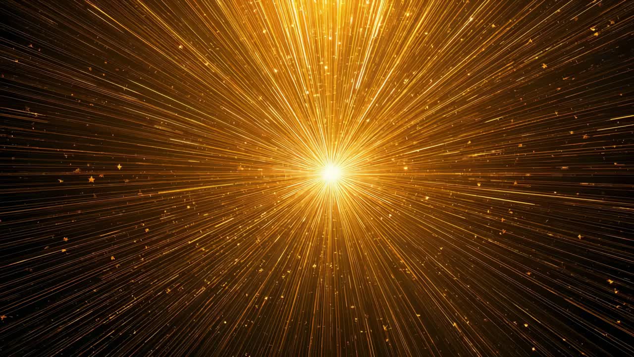 Brightening golden core emitting long radial streaks at center, expanding and scattering particles