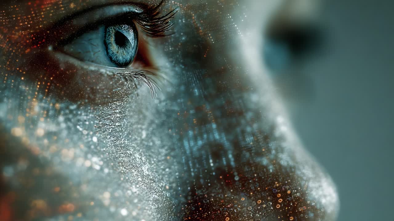 A Close-Up Examination of a Youth's Eye with a Digital Overlay, Highlighting Intricate Textures and Vivid Colors that Capture the Intersection of Humanity and Technology